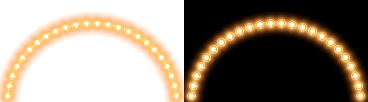 Golden Marquee Light Bulbs Arc Overlay on Black Background