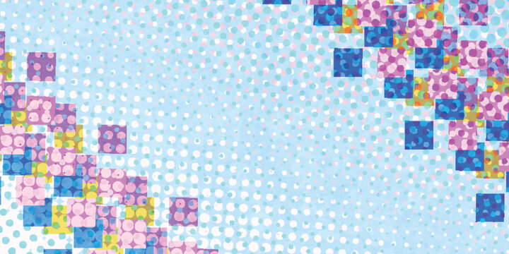 Abstract geometric pattern with colorful squares and halftone dots