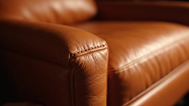 A hand gently strokes the smooth, high-quality brown leather armrest of a sofa, emphasizing the exquisite stitching and rich texture under warm lighting.
