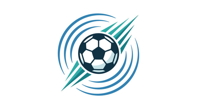A stylized soccer ball logo with swirling blue lines and green accents, representing motion and energy in sports.