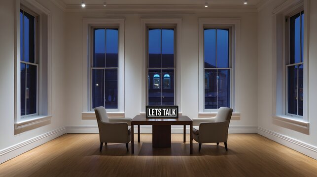 Let's Talk sign on table with two chairs in meeting room at night.