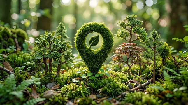 Moss covered location pin concept in lush forest with eco friendly, location
