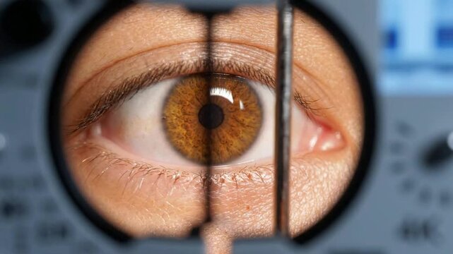 Eye examination at optometrist office: close-up of patient undergoing vision test with diagnostic equipment