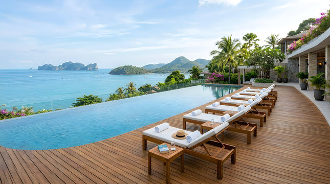 Luxury infinity pool overlooking ocean with tropical coastal island view