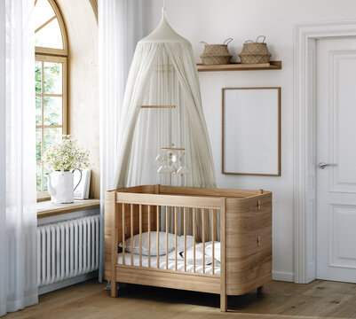 Mock up frame in unisex children room with wooden furniture and natural tones, 3d render