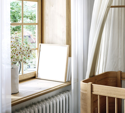 Mock up frame in unisex children room with wooden furniture and natural tones, 3d render