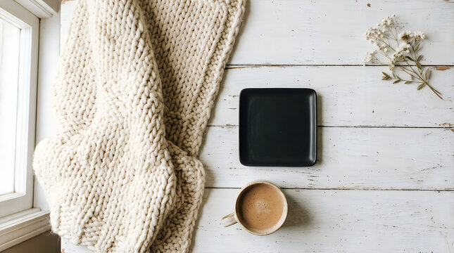 Cozy morning flat lay with coffee and knitted blanket on white wood, lifestyle