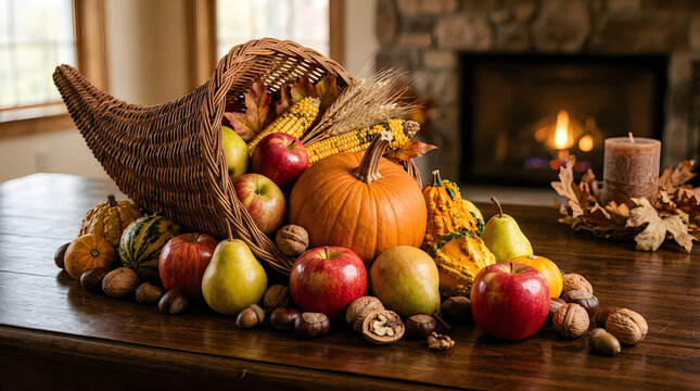 Bountiful cornucopia centerpiece with seasonal pumpkins and fruits by fireplace