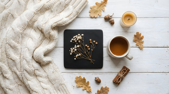 Cozy autumn flat lay with hot coffee and knit blanket seasonal lifestyle