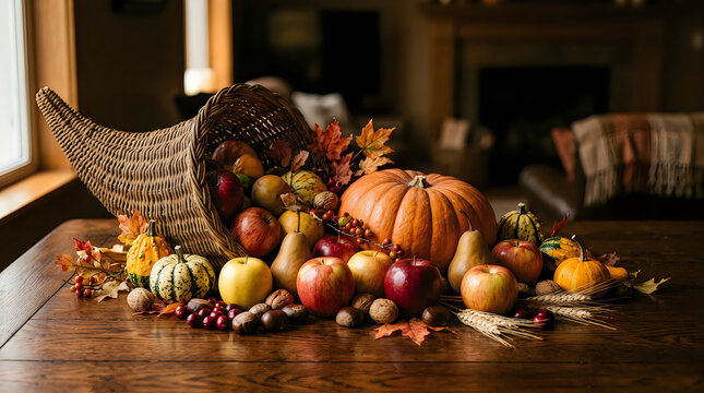 Thanksgiving cornucopia indoor table setting with seasonal produce, cornucopia