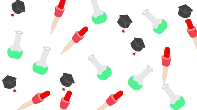 Educational science pattern with graduation caps, flasks, and pipettes