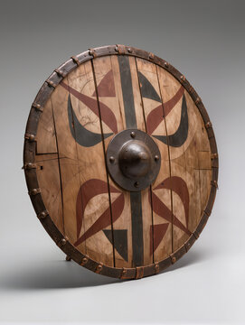 Round Painted Wooden Shield With Metal Boss