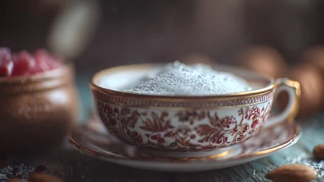 Tea cup with almond nuts on a wooden table.