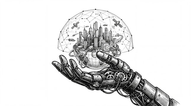 An intricate black and white illustration of a robotic hand holding a transparent dome encapsulating a conceptual smart city, symbolizing advances in technology and human connection.
