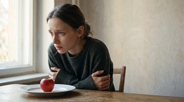 Sad woman sitting at table with apple on plate. Concept of eating disorder and struggle with food. Problems with body image and mental health awareness. Psychological pain and isolation.