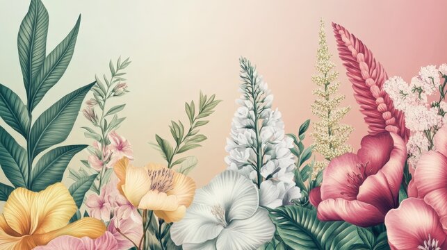 Beautiful Floral Composition with Tropical Elements and Soft Pastel Background for Creative Design