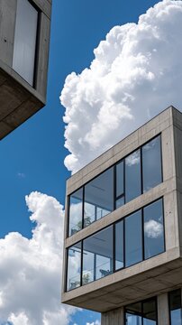 Modern Architectural Design Featuring Glass Facades Against a Bright Blue Sky and Fluffy Clouds