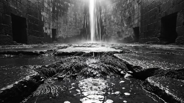 Mysterious abandoned flooded stone cavern with waterfall and atmospheric light in black and white