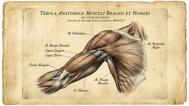 Vintage Anatomical Engraving of Human Arm and Shoulder Musculature with Latin Labeling