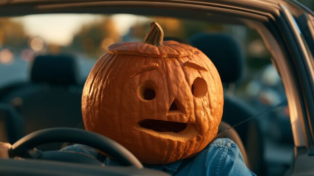 pumpkin with a face driving a cart