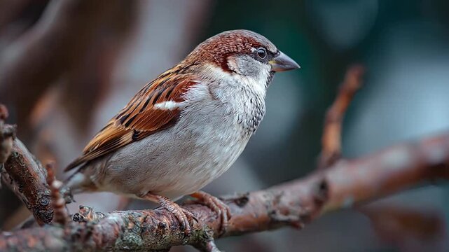 House sparrow gripping a branch in a winter garden.