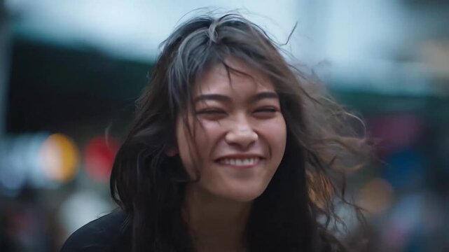 Happy woman laughing with windblown hair outdoors.