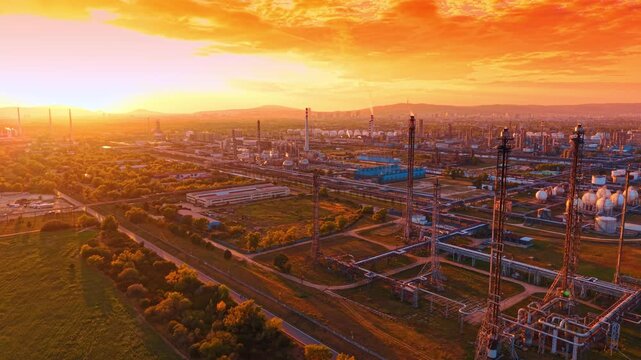 High perspective on refinery structures and pipe bridge. Drone elevated view showing lattice steel towers, conduit distribution network, green ground, sunset light.