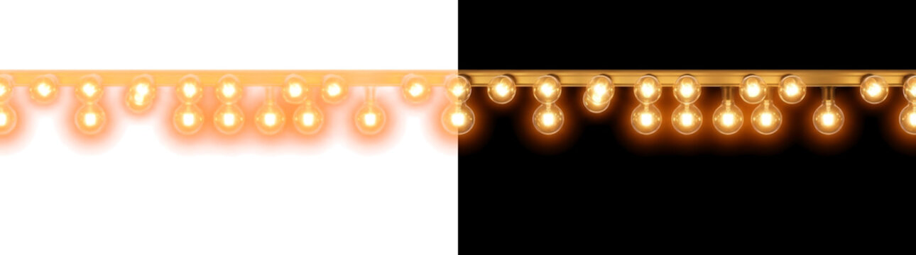 Retro Marquee Light Bulbs String Garland Overlay on Black Background