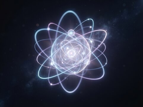 A glowing scientific model of an atom structure with orbiting electrons against a dark deep space background for science.