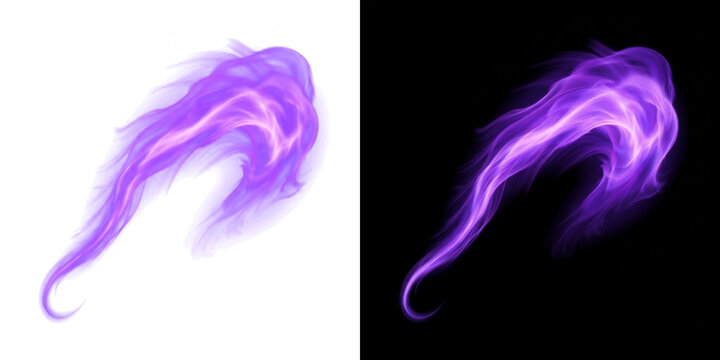 Curved purple energy flame plume with ethereal glowing vapor trail, luminous cutout effect overlay isolated on transparent background