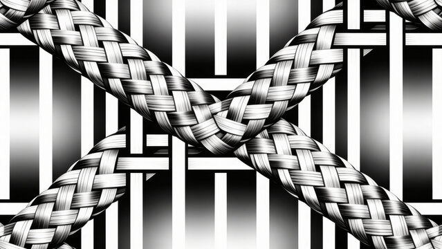 Bold seamless basket weave interlace wallpaper pattern in black and white, soft gradient shading