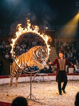 A male circus tamer wearing a vintage costume guides a large tiger jumping through a burning ring in front of the audience.