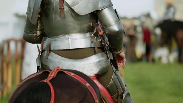 Dark bay horse head equipped with metal chamfron plate, leather bridle, and curb chain alongside steel arm defense of knight waiting on tournament lists.