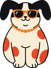 Fototapeta premium Cute spotted dog sitting wearing fashionable orange sunglasses and beaded necklace flat vector icon for pet branding.