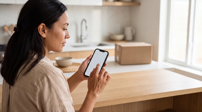 Woman checking package delivery status on her smartphone at home. She is holding her phone and looking at the screen, with a cardboard box in the background.