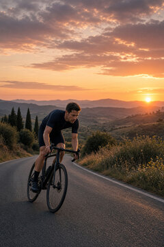 uomo sportivo in bici da corsa al tramonto 