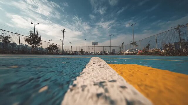 Ground level view of blue and orange outdoor court.