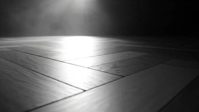 Low Angle Shot of Wooden Floor Illuminated by Dramatic Light with Dust Particles and Dark Backdrop