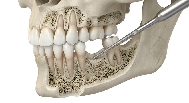 Detailed 3D Scientific Render of Human Jaw Cross-Section Showing Dental Tool Recontouring Alveolar Bone