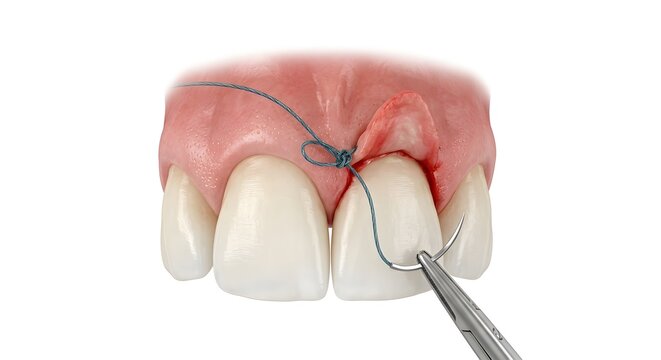 3D Scientific Illustration of Periodontal Flap Surgery with Suture Ligation and Dental Instruments