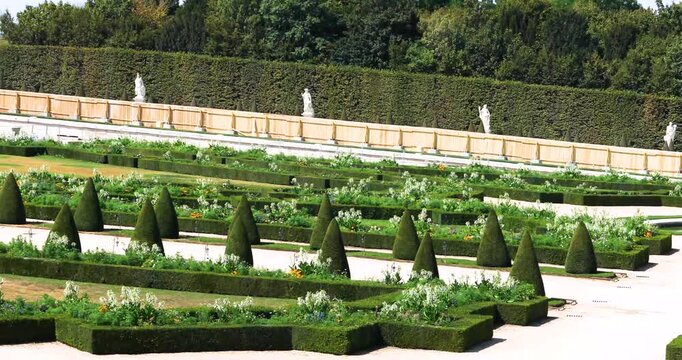 Beautiful view of cone-shaped trees and landscape design during the day near the Palace of Versailles on August 18, 2026