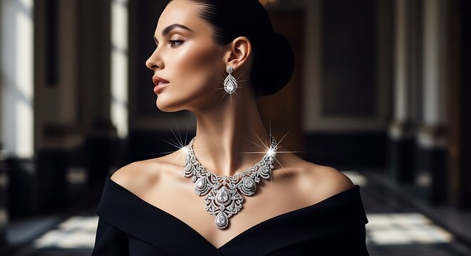 Elegant woman wearing sparkling diamond necklace and matching earrings