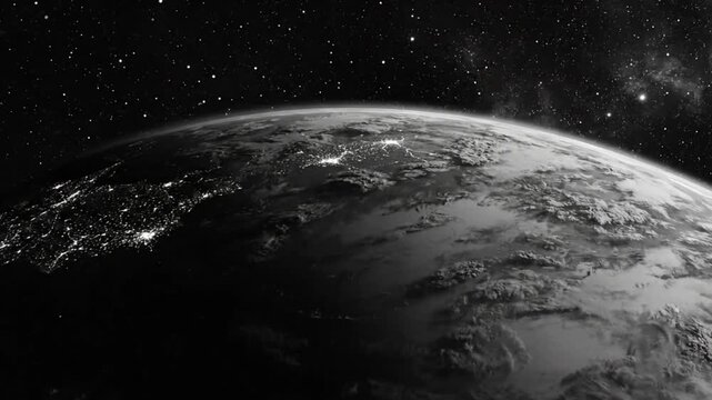 Black and white video of Earth with city lights visible from space with a starry background and transitions