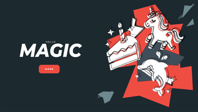 Web page template with cute dolphin, cute birthday cake and cute unicorn and modern layout design. Magic text.