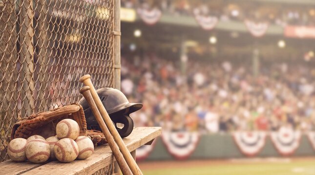 Baseball equipment resting on a wooden bench inside a stadium dugout. Ready for the big game with team spirit and excitement. Baseball fan culture and athletic competition marketing.