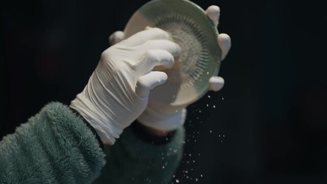 A person wearing gloves is grating garlic using a ceramic plate in a close-up view