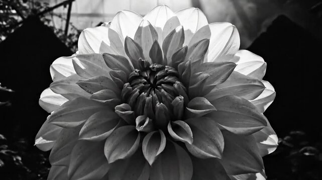 Black and white close up of a dahlia flower with a dark and mysterious background
