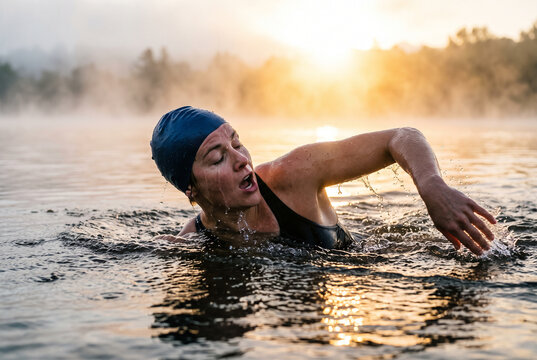 Open water swimming at sunrise with a female athlete in misty lake water