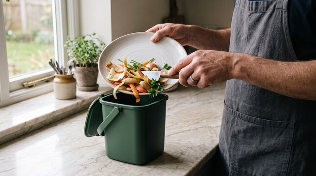 Man composting food waste in kitchen scraping vegetable scraps into green bin for organic recycling and sustainable zero waste lifestyle at home