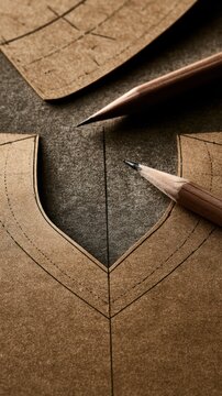 Pattern drafting in progress with pencil and French curve on brown paper background